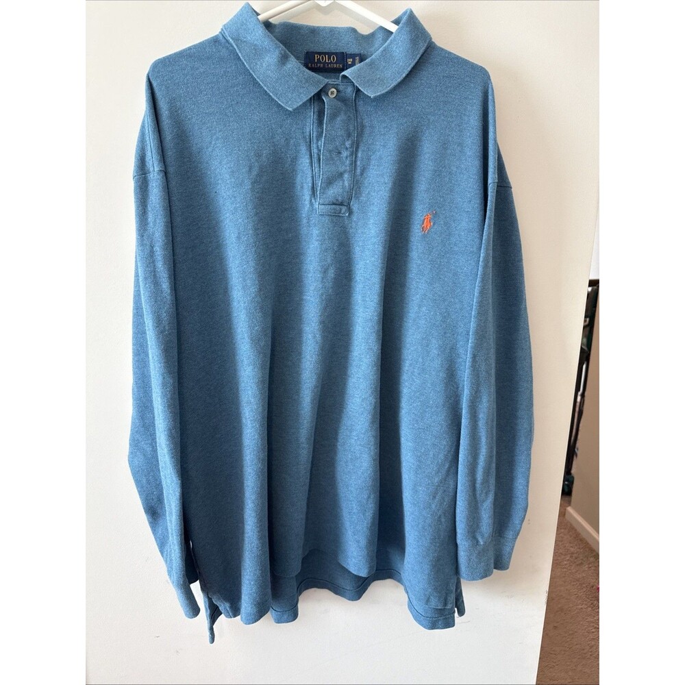 Polo Ralph Lauren Long Sleeve Polo Shirt Blue Orange Logo Classic Fit Mens big3X
